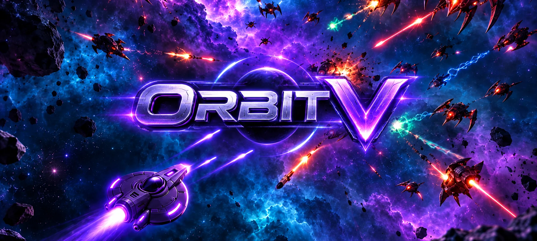 Orbit V key art: a purple starship battling swarms of enemy ships